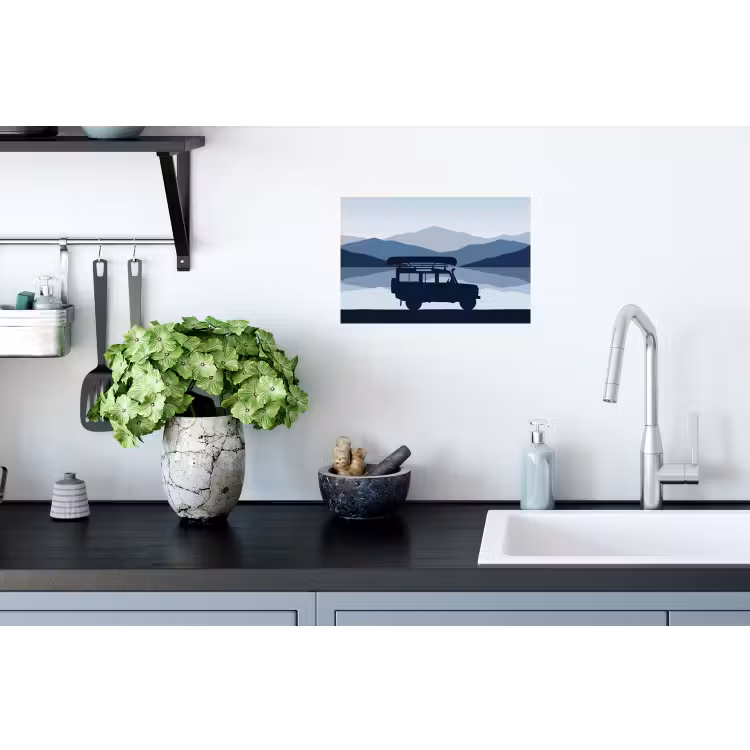 Auto - Meer - Bergen - Blauw Muursticker klein -keuken