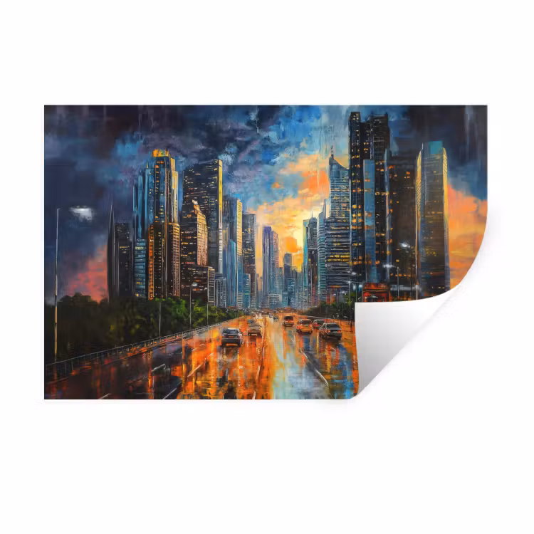 Auto - Skyline - Zon - Blauw Muursticker klein -3d