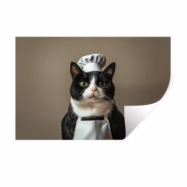 Kat - Kokskleding - Zwart - Wit Muursticker klein -3d