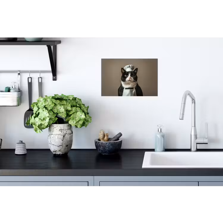 Kat - Kokskleding - Zwart - Wit Muursticker klein -keuken