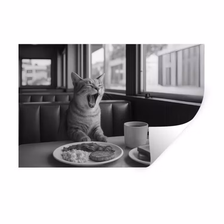 Kat - Koffie - Brood - Zwart Muursticker klein -3d