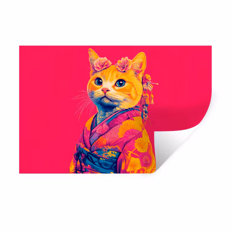 Kat - Kimono - Bloemen - Roze Muursticker klein -3d