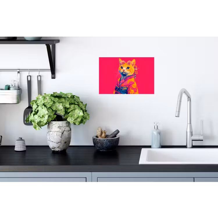 Kat - Kimono - Bloemen - Roze Muursticker klein -keuken