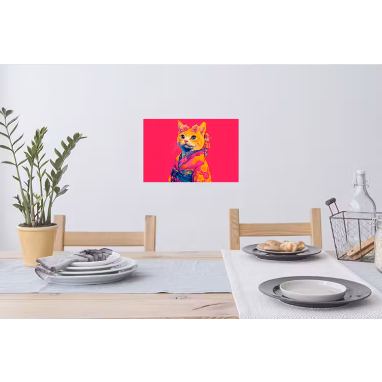 Kat - Kimono - Bloemen - Roze Muursticker klein -eettafel
