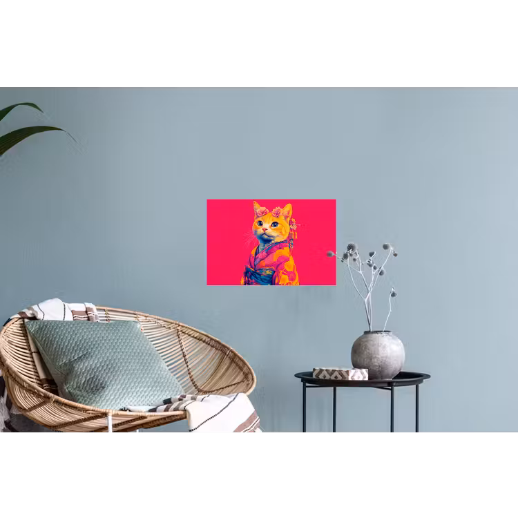 Kat - Kimono - Bloemen - Roze Muursticker klein -plant