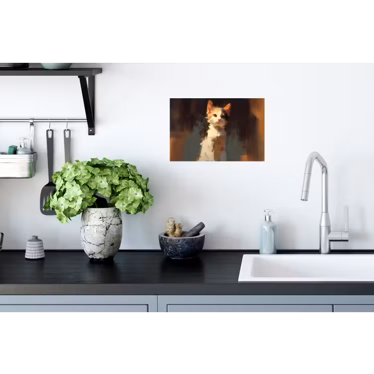 Kat - Geschilderd - Artistiek - Wit Muursticker klein -keuken