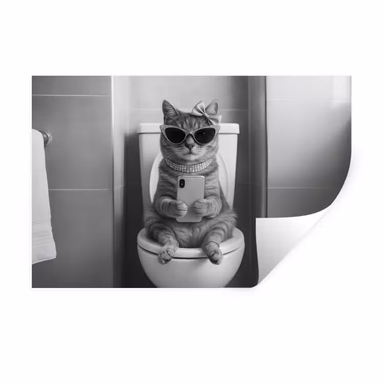 Kat - Telefoon - Toilet - Zwart - Wit Muursticker klein -3d