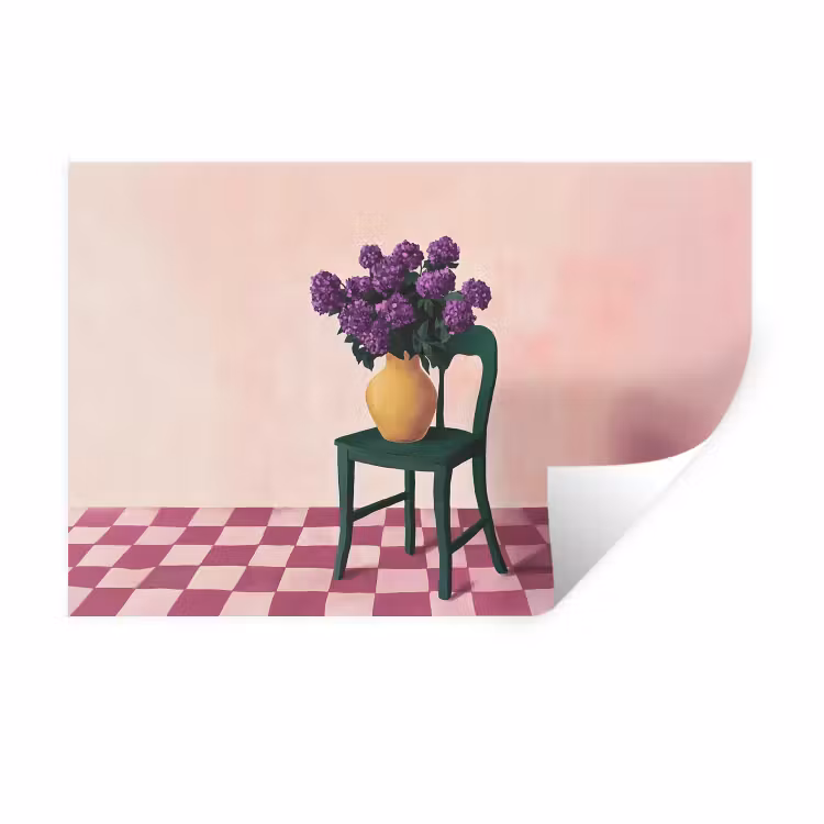 Stoel - Vaas - Bloemen - Geblokt Muursticker klein -3d