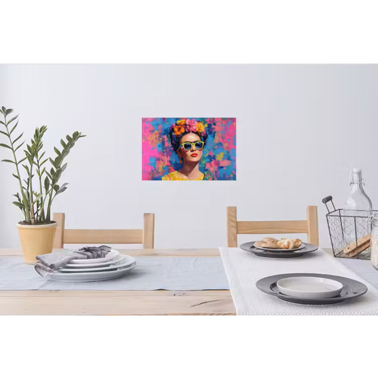 Vrolijk portret - Vrouw - Bloemenkroon Muursticker klein -eettafel