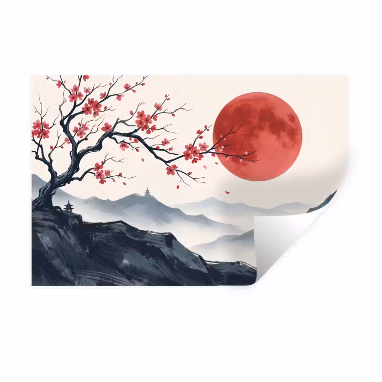 Kersenbloesem - Oosters - Rood Muursticker klein -3d
