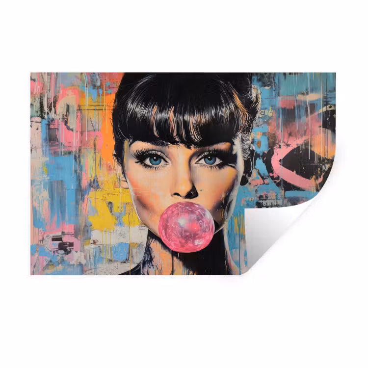 Kauwgom - Vrouw - Penseelstreken - Modern Muursticker klein -3d