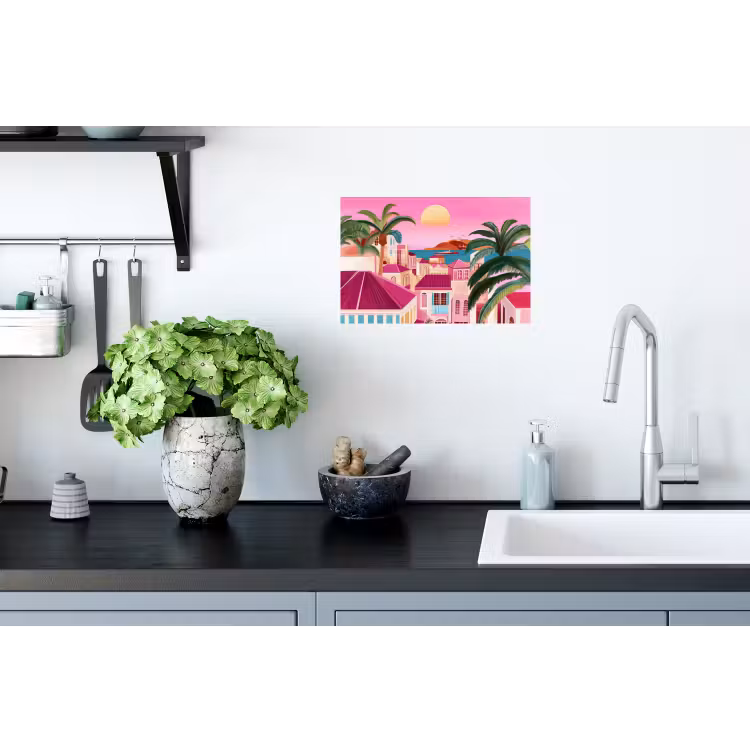 Stad - Roze - Palmbomen Muursticker klein -keuken