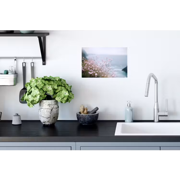 Klif - Bloemen - Zee - Roze Muursticker klein -keuken
