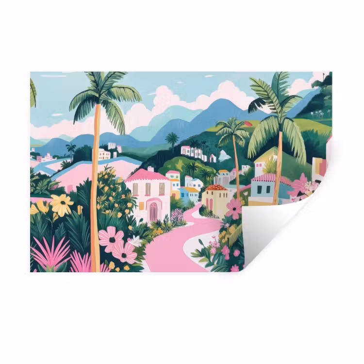 Kleurrijk - Huizen - Heuvels - Roze Muursticker klein -3d