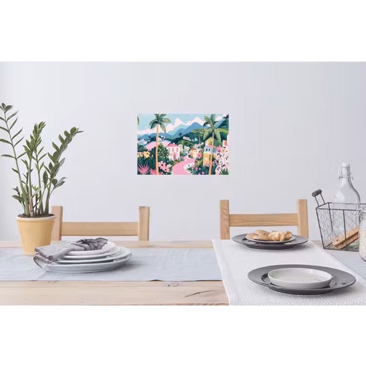 Kleurrijk - Huizen - Heuvels - Roze Muursticker klein -eettafel