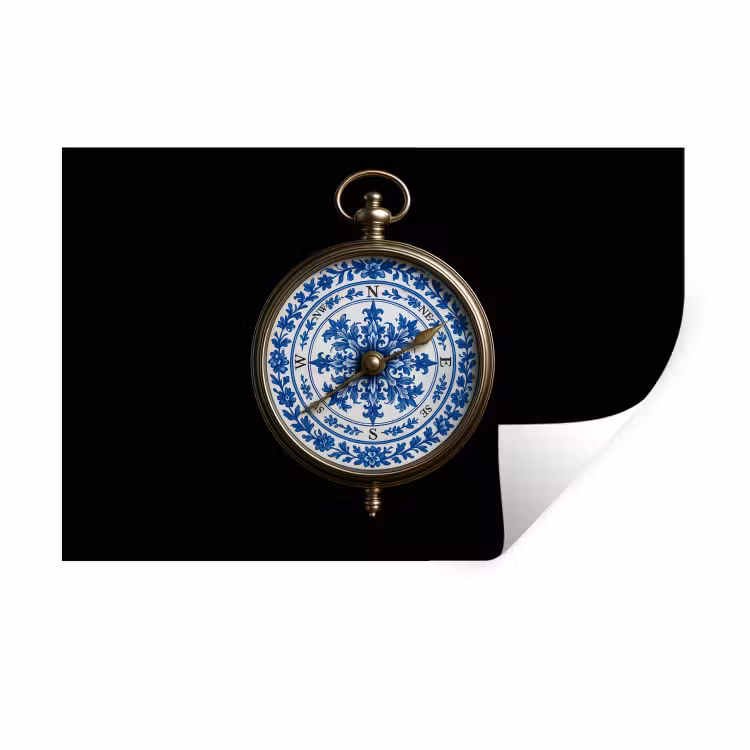 Kompas - Delfts blauw - Zwart Muursticker klein -3d
