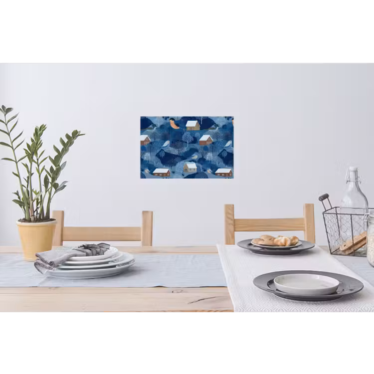 Huisjes - Vogels - Sneeuw - Winter - Blauw Muursticker klein 286 -eettafel