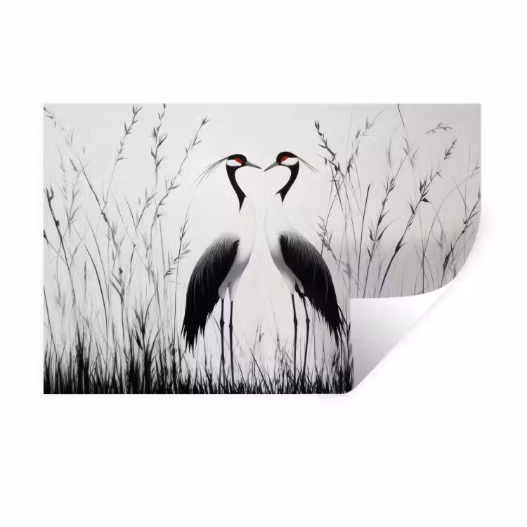 Kraanvogels - Gras - Hartvorm - Zwart Muursticker klein -3d