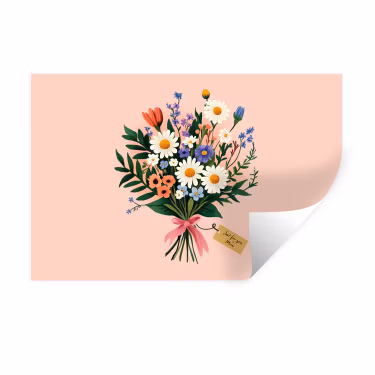 Margrieten - Boeket - Strikje - Roze Muursticker klein -3d