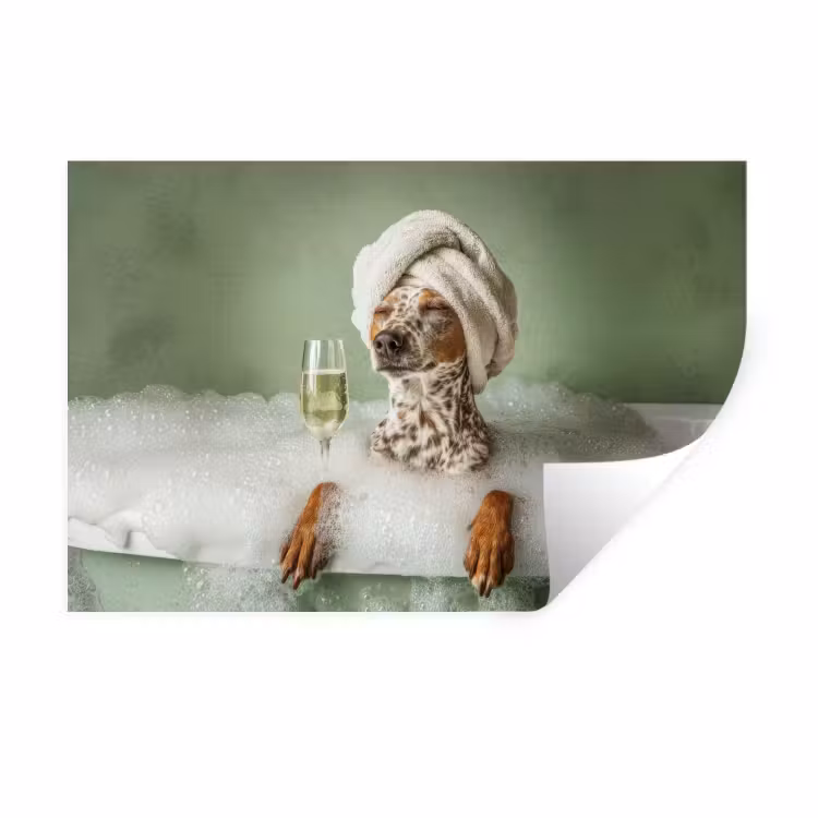 Hond - Bad - Champagne - Handdoek Muursticker klein -3d