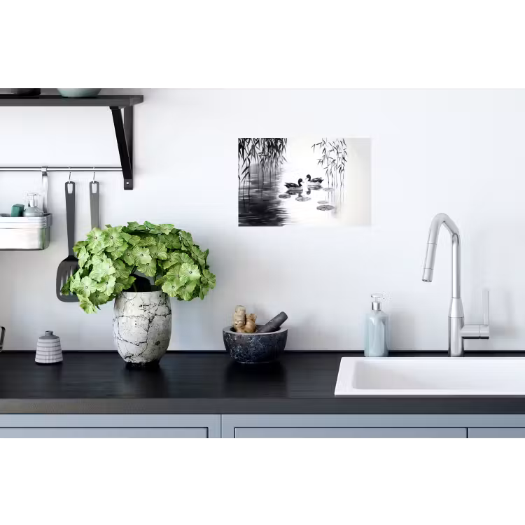 Eenden - Waterlelies - Riet - Zwart Muursticker klein -keuken