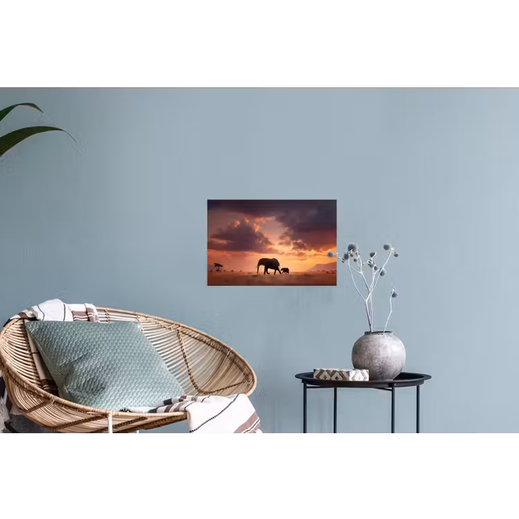 Olifanten - Grasland - Zonsondergang Muursticker klein -plant