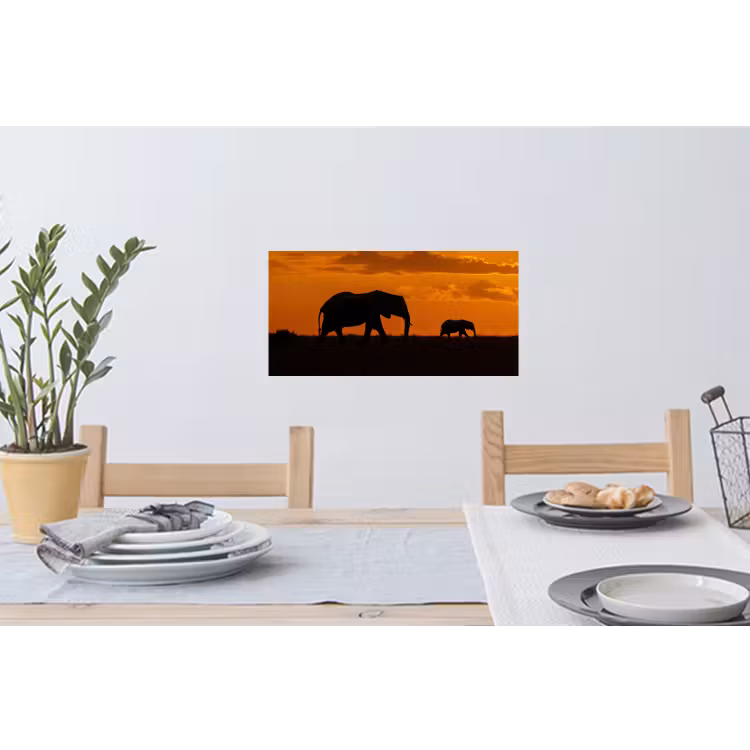 Olifanten - Savanne - Zonsondergang Muursticker klein -eettafel
