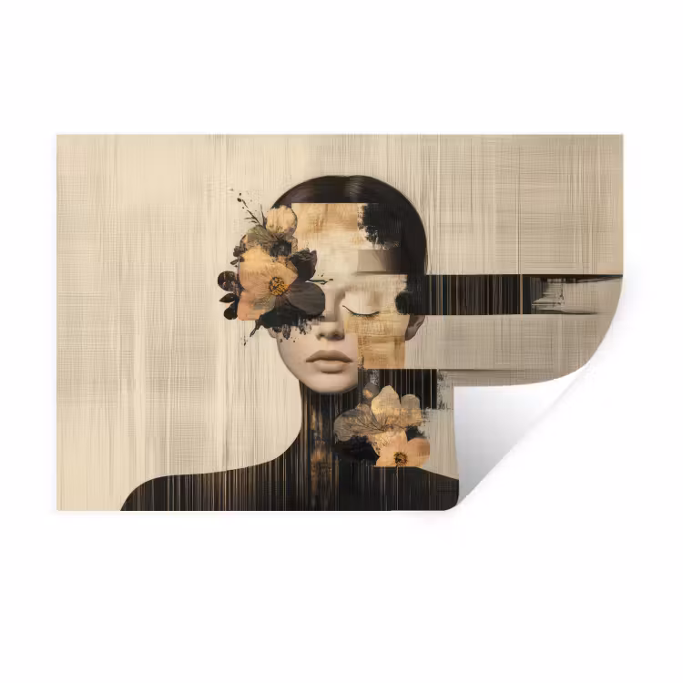 Gezicht - Bloemen - Zwart - Vrouw Muursticker klein -3d