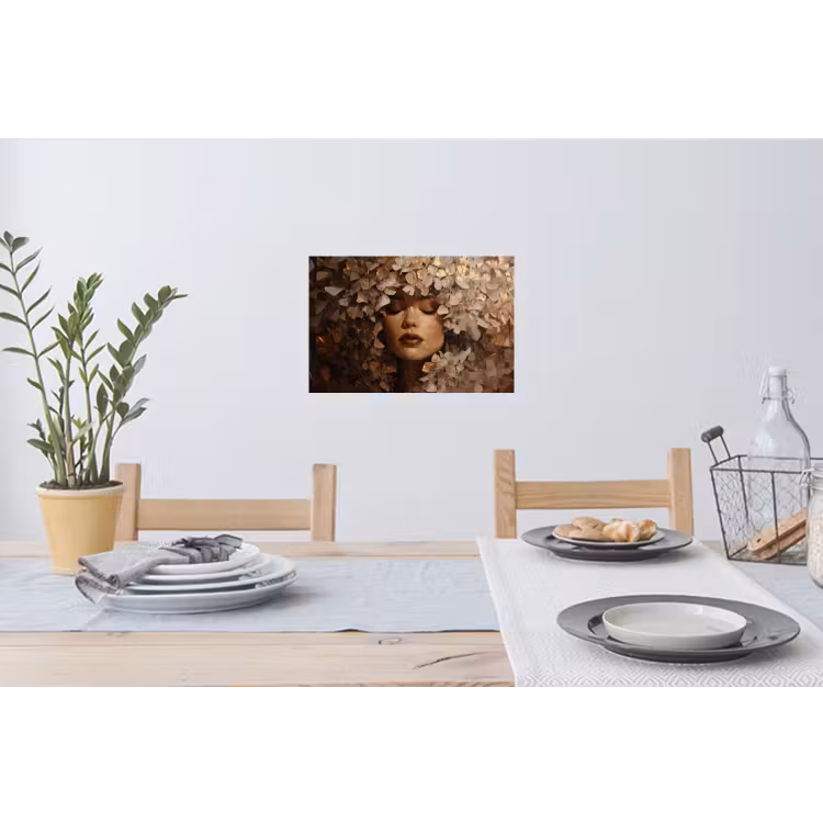 Gezicht - Vrouwe - Bladeren - Penseelstreken Muursticker klein -eettafel