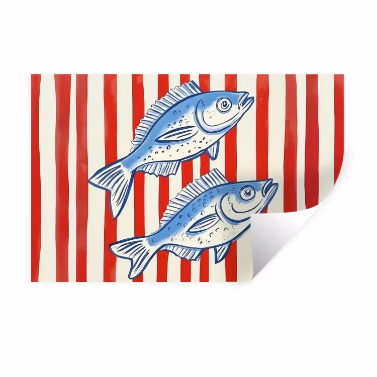 Vissen - Verticale strepen - Blauw - Rood Muursticker klein -3d