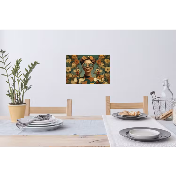 Bloemenkrans - Vrouwengezicht - Zonnebril - Oranje Muursticker klein -eettafel