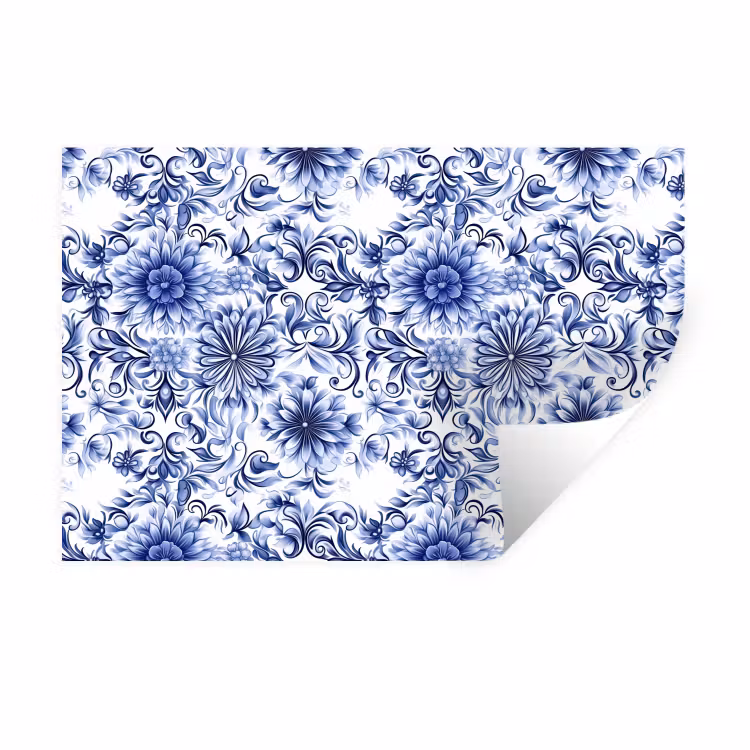 Bloemen - Blauw - Patroon - Wit Muursticker klein 286 -3d