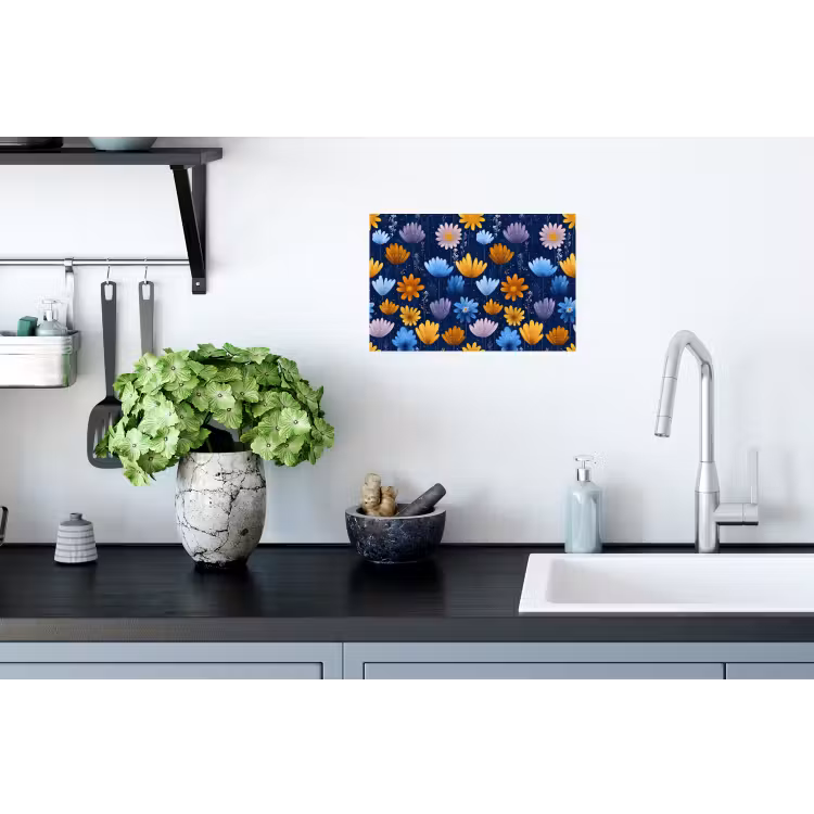 Bloemen - Patroon - Blauw - Contrast Muursticker klein -keuken