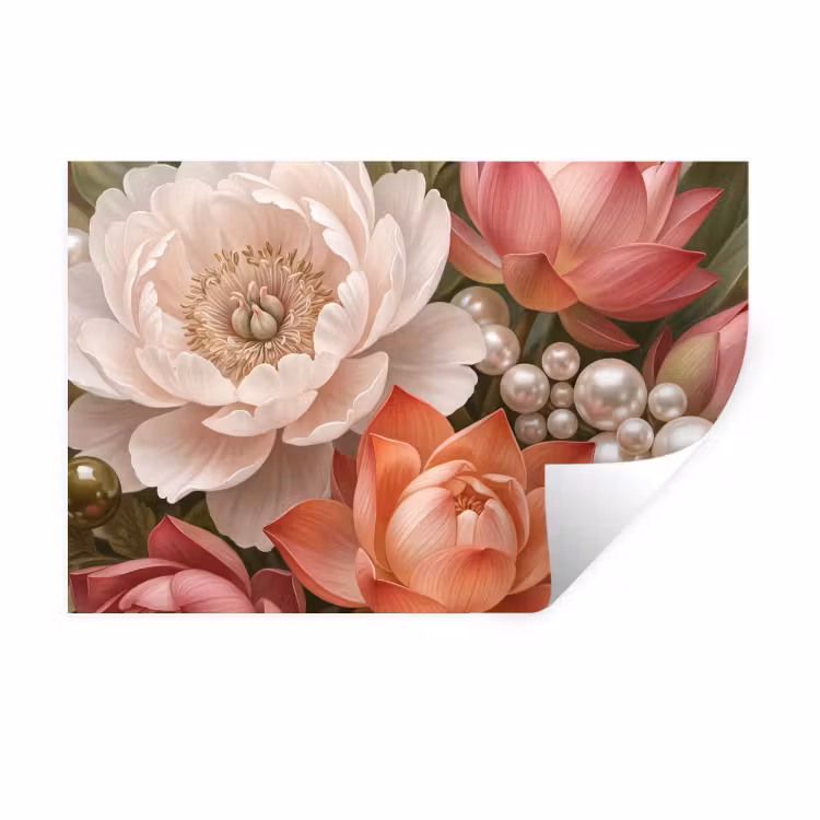 Bloemen - Parels - Elegant - Roze - Wit Muursticker klein -3d