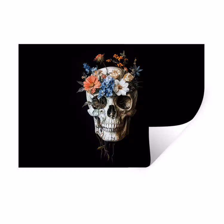 Bloemen - Schedel - Kleurrijk Muursticker klein -3d