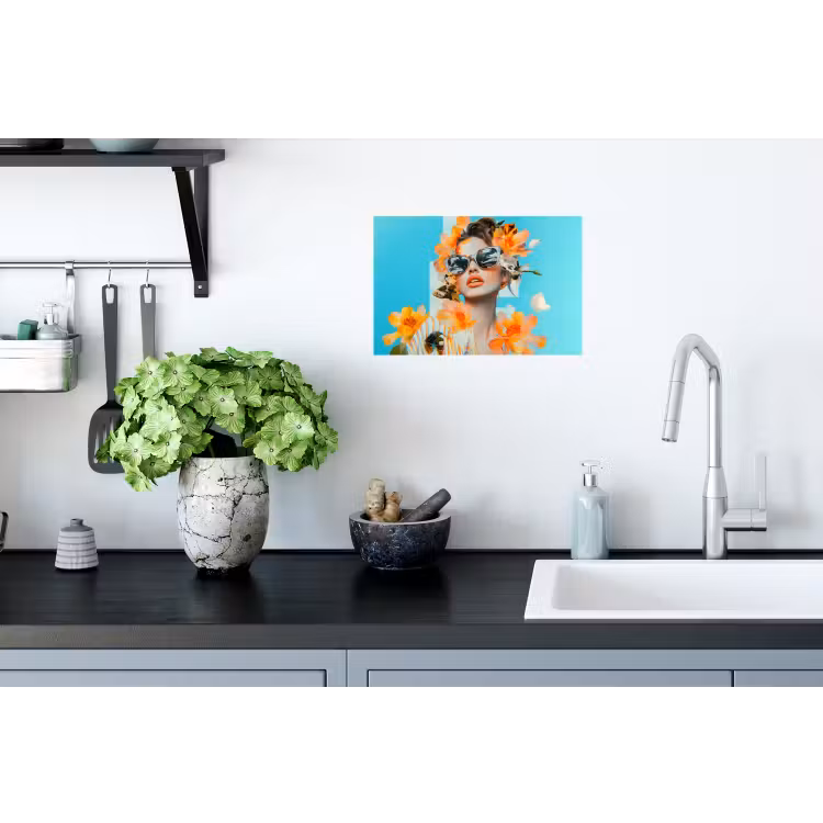 Bloemen - Vrouw - Zonnebril - Blauw Muursticker klein -keuken
