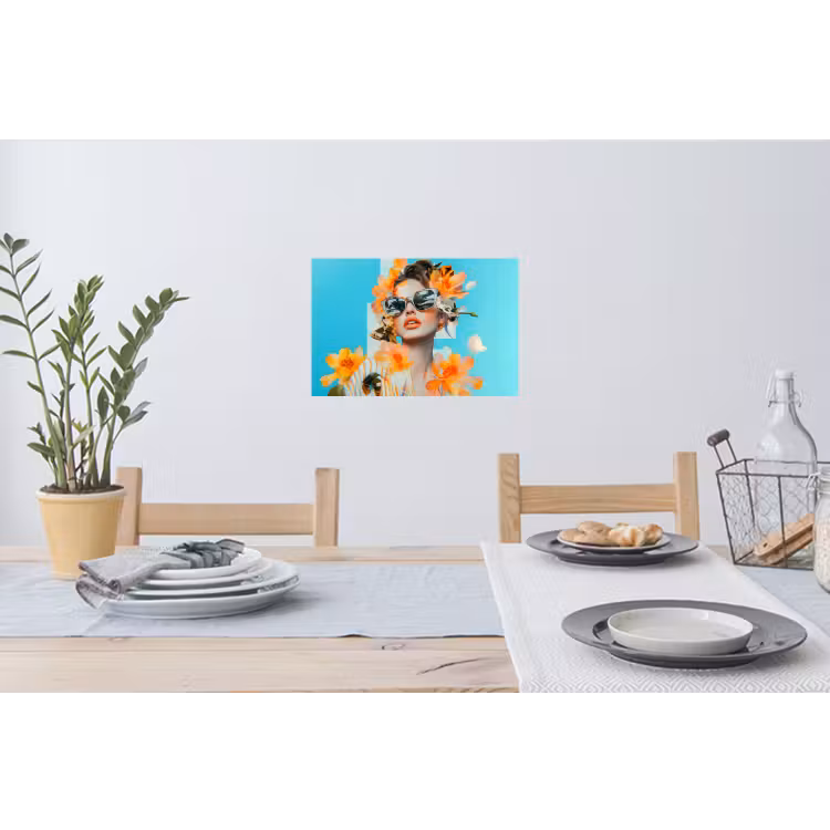 Bloemen - Vrouw - Zonnebril - Blauw Muursticker klein -eettafel