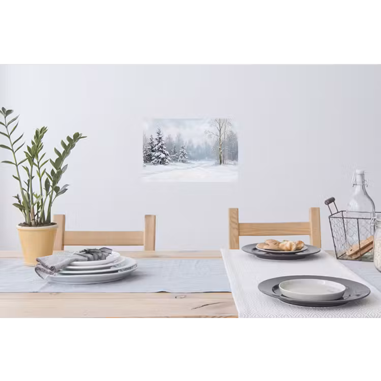 Bospad - Dennen - Sneeuw - Winter - Rustgevend Muursticker klein -eettafel