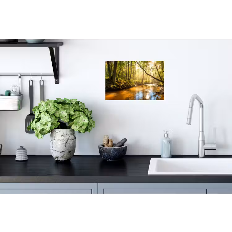 Bos - Beek - Zonlicht - Natuur - Groen Muursticker klein -keuken