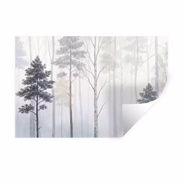 Bos - Bomen - Mist - Natuur - Illustratie - Grijs Muursticker klein -3d
