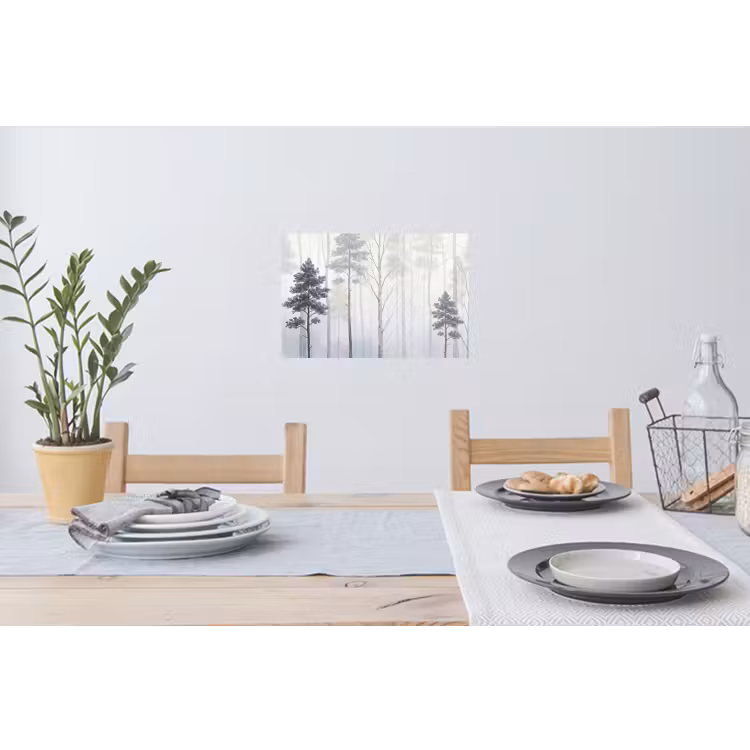 Bos - Bomen - Mist - Natuur - Illustratie - Grijs Muursticker klein -eettafel