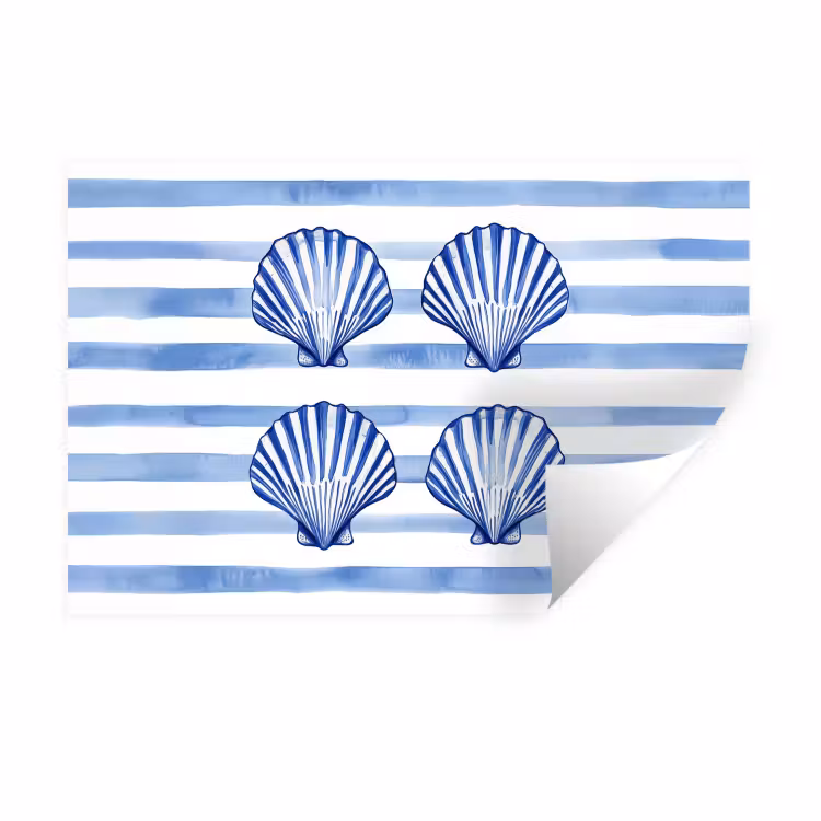 Vier schelpen - Blauw - Wit - Strepen Muursticker klein -3d