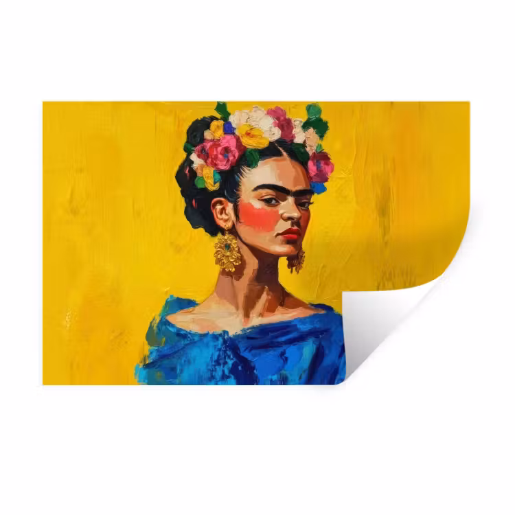 Frida Kahlo - Vrouw - Geel - Blauw - Bloemen Muursticker klein -3d