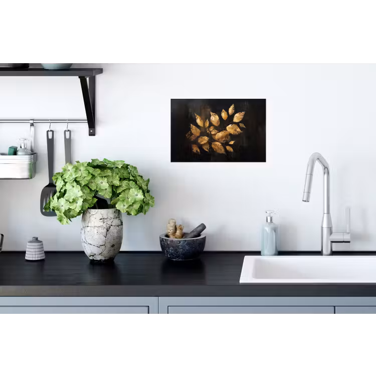Gouden Bladeren op Donkere Achtergrond Muursticker klein -keuken