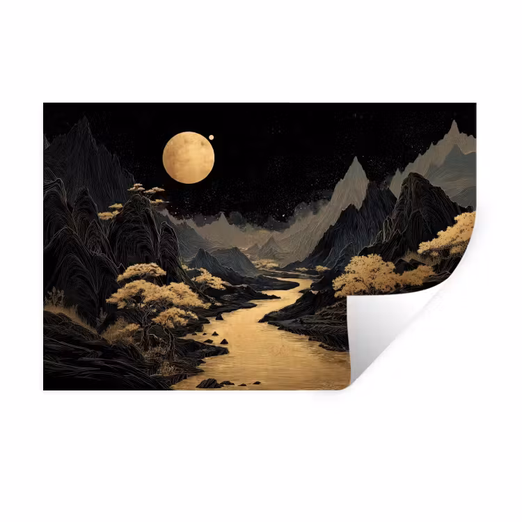 Gouden rivier - Bergen - Maan - Sterrenhemel Muursticker klein -3d