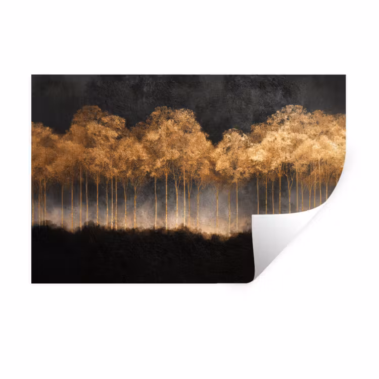 Gouden Bomen in Mistig Landschap Muursticker klein -3d