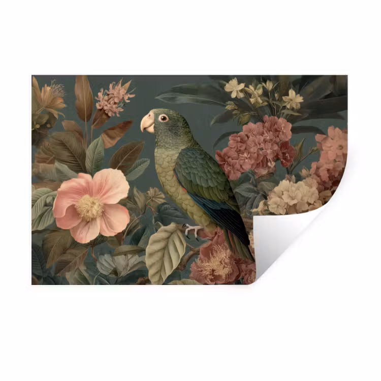 Groene papegaai - Kleurrijke bloemen - Donkere achtergrond Muursticker klein -3d