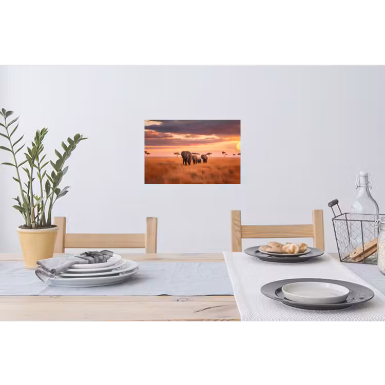 Groep olifanten - Open vlakte - Zon Muursticker klein -eettafel