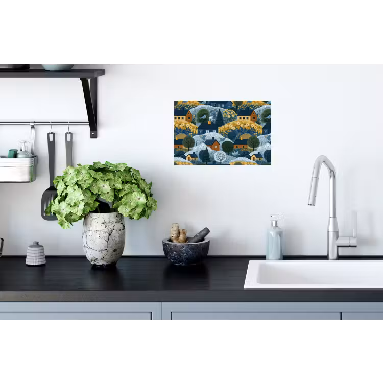 Huisjes - Bloemen - Patroon - Geel - Blauw Muursticker klein 286 -keuken