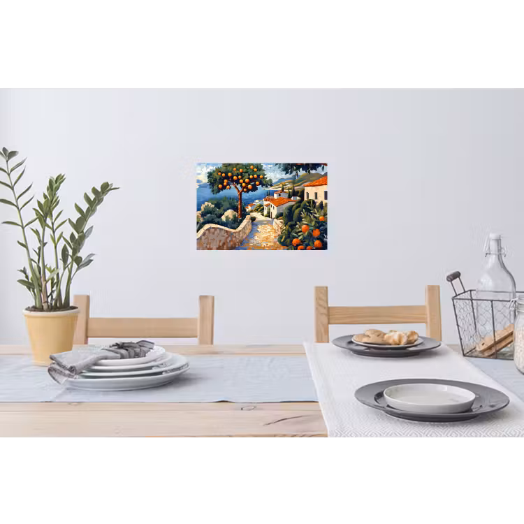 Huizen - Mozaïek - Sinaasappelbomen - Zee Muursticker klein -eettafel